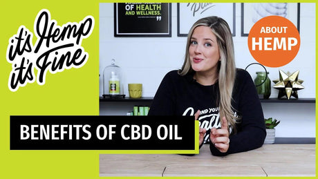 A woman in a 'Find Your Healthy Place' sweatshirt sits at a table, speaking. Text overlay reads 'BENEFITS OF CBD OIL,' with hemp-related branding.