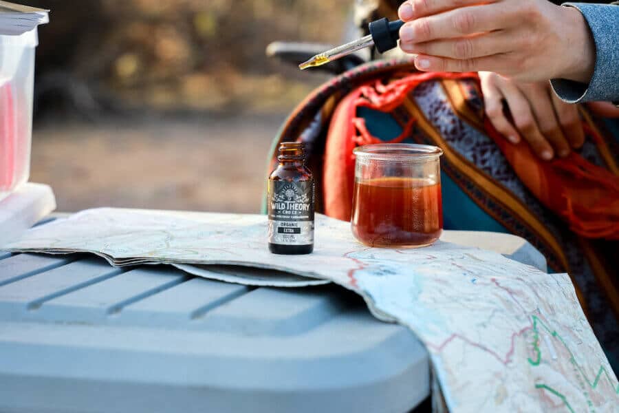 hand holds a dropper with CBD oil above a glass jar of tea. A small bottle labeled "Wild Theory CBD Co." sits on a folded map on a plastic container. A colorful blanket and an outdoor setting are in the background.