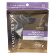 The front of the Charlotte's Web Skin Health & Allergy Support Chews 30 chews package emphasizes its full-spectrum hemp extract with 2.5mg plant-based cannabinoids per chew and 75mg per bag. It promotes skin health and addresses seasonal allergies in adult dogs, with a chicken flavor and USA-grown hemp. The net weight is 4.23 oz (120g).