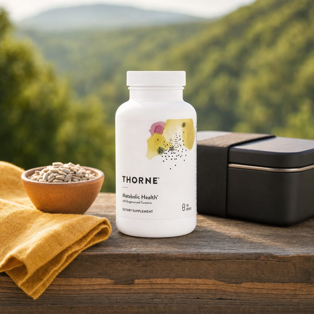 Thorne Research Metabolic Health capsules beside breakfast and water on a kitchen counter