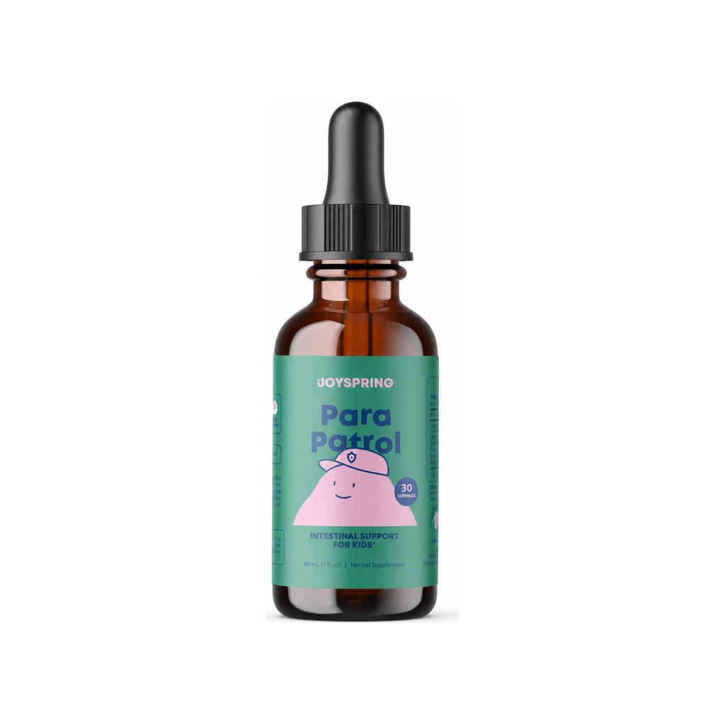 JoySpring ParaPatrol Drops 30 mL front bottle with raspberry-flavored kids digestive formula label