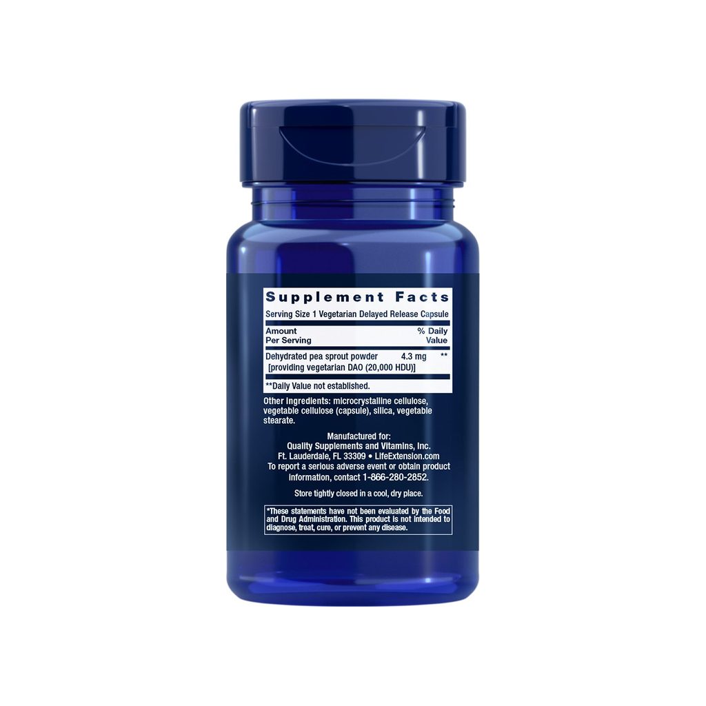 Life Extension Food Sensitivity Relief DAO supplement facts panel listing ingredients and serving size