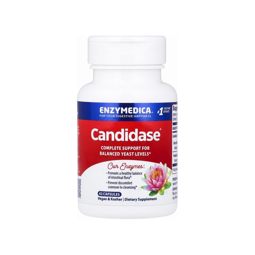 Enzymedica Candidase 42 Capsules bottle front label with vegan and kosher callouts