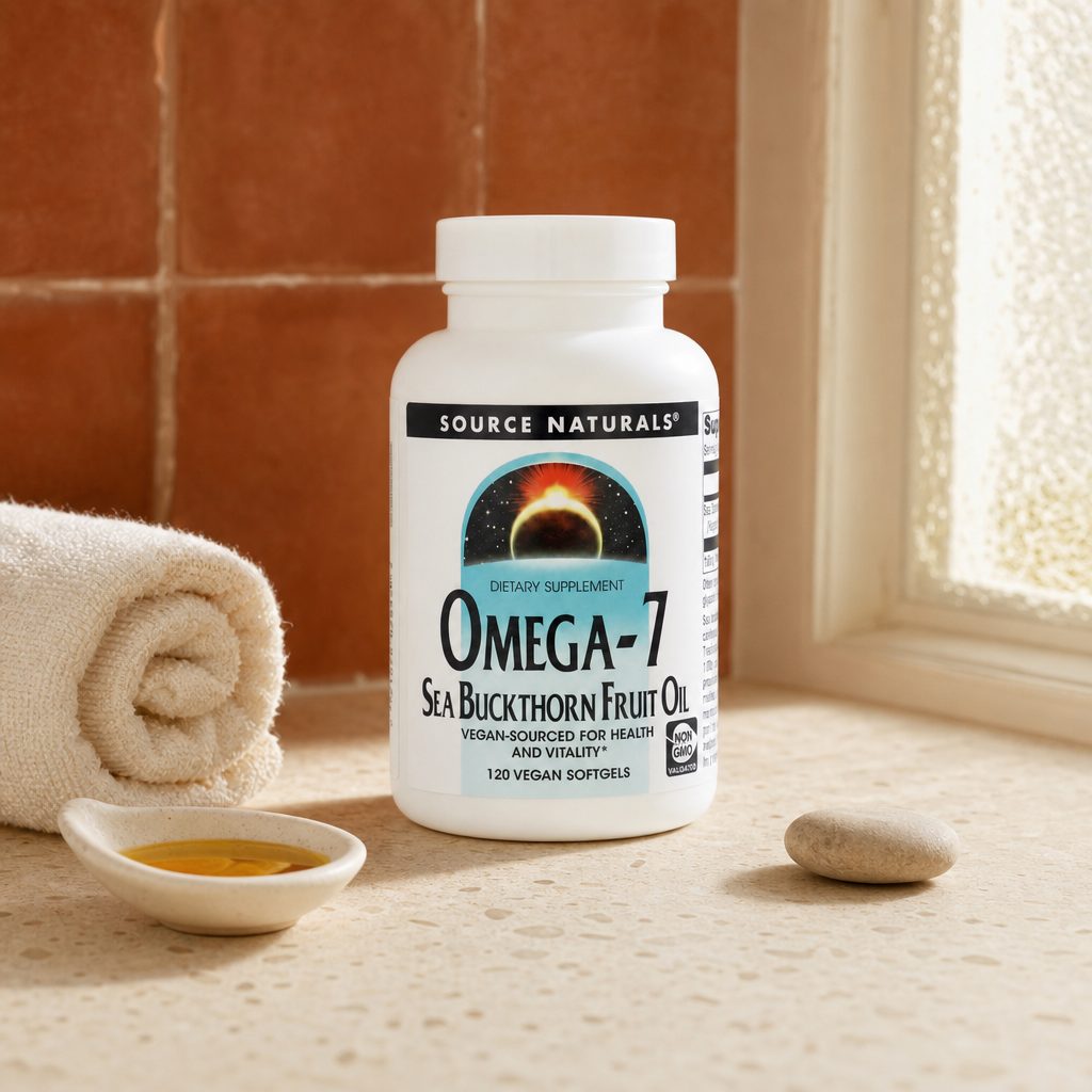 Woman adding Source Naturals Omega-7 Sea Buckthorn Fruit Oil to a daily supplement routine