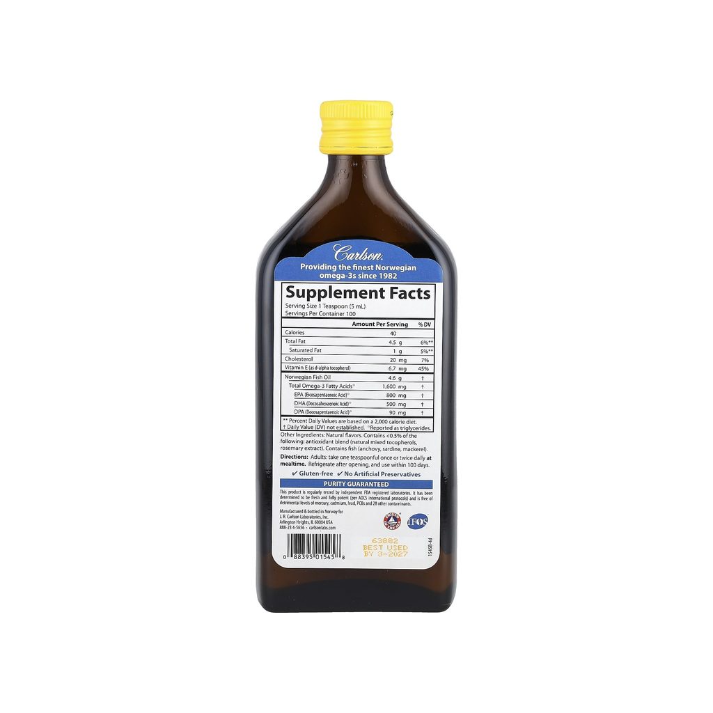 Carlson The Very Finest Fish Oil Lemon supplement facts panel listing ingredients and serving size