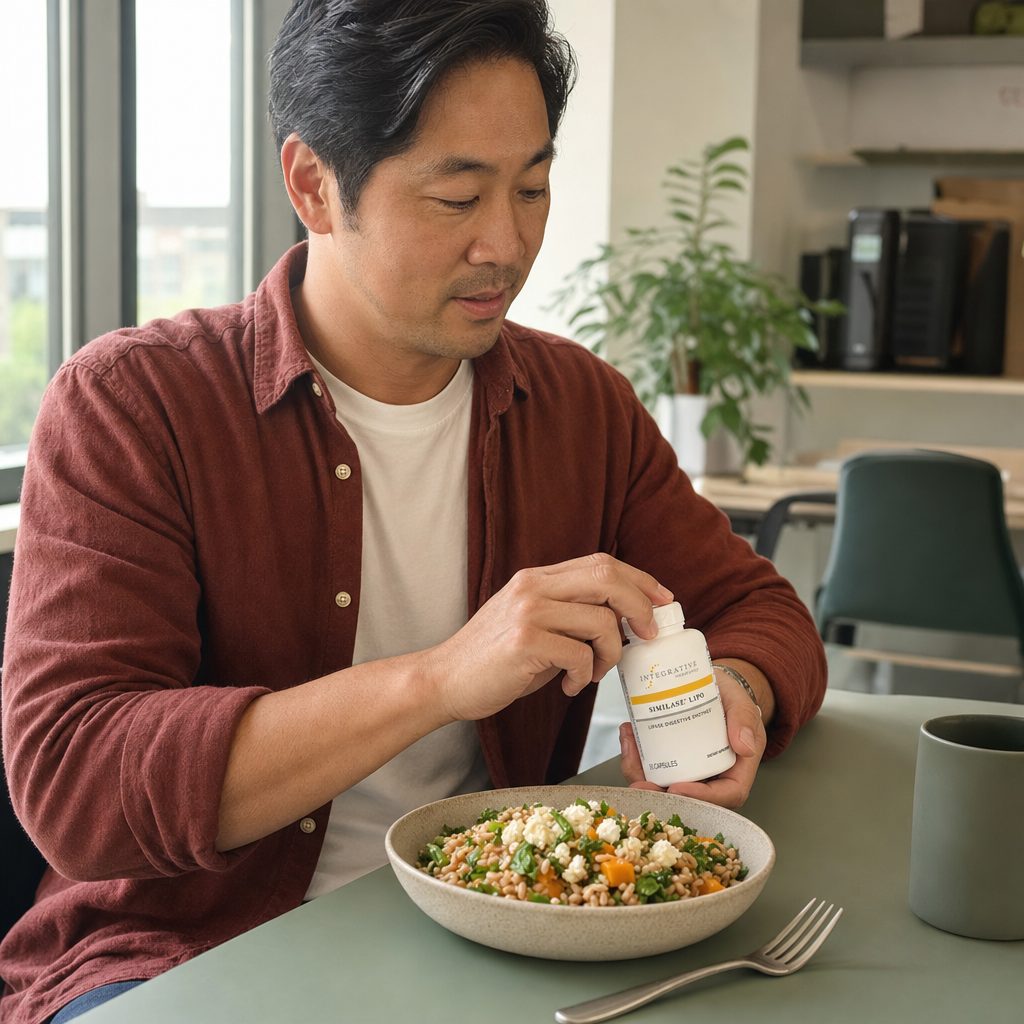 Integrative Therapeutics Similase Lipo bottle on kitchen counter near a prepared meal
