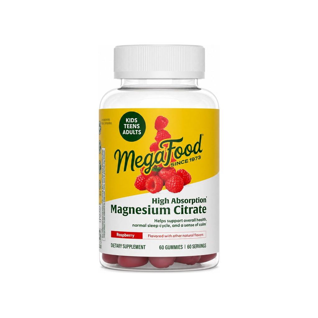 MegaFood High Absorption Magnesium Citrate Gummies bottle with raspberry chewables