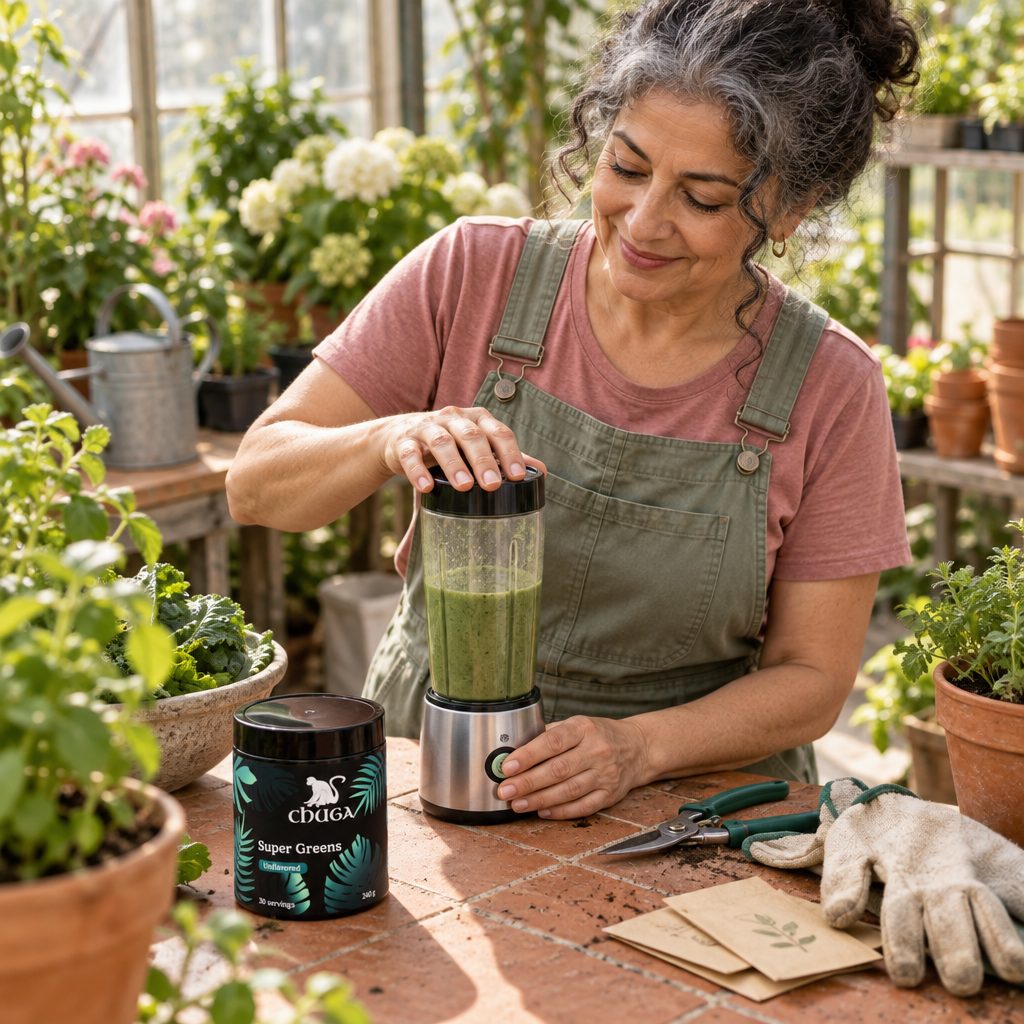 Chuga Super Greens jar on a greenhouse table while a woman blends a green smoothie