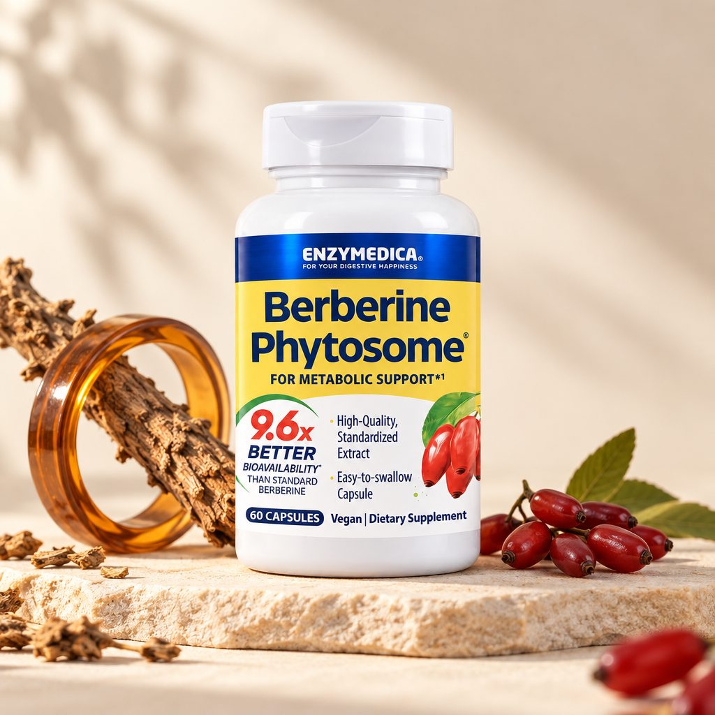 Enzymedica Berberine Phytosome bottle on a stone slab beside bark and red berries