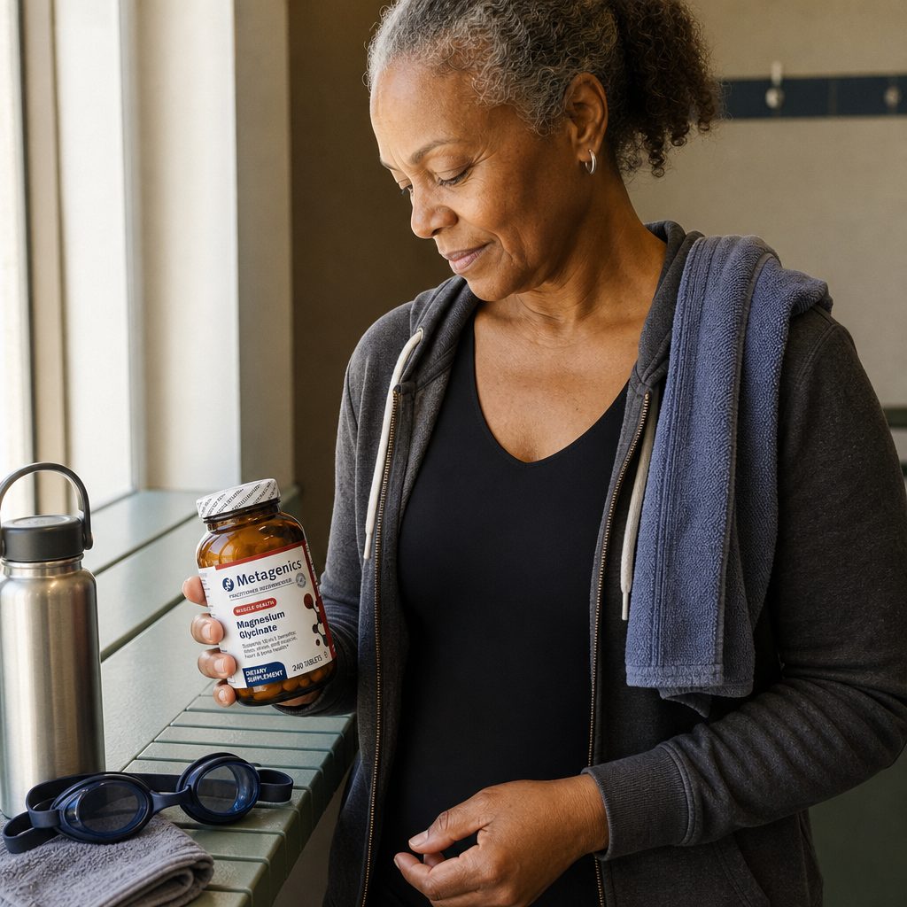 Metagenics Magnesium Glycinate 240 tablets bottle next to a glass in a simple wellness scene