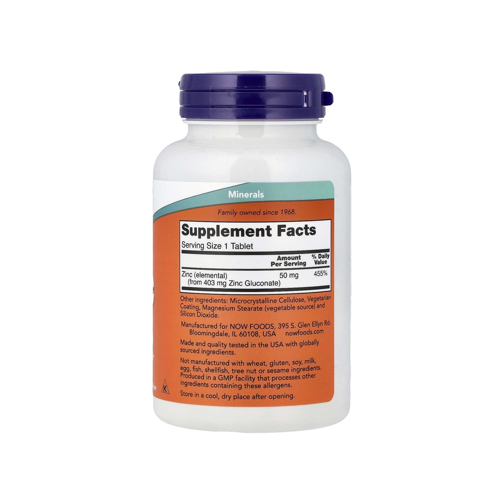 NOW Foods Zinc 50 mg 250 Tablets supplement facts panel listing ingredients, dosage, and serving size