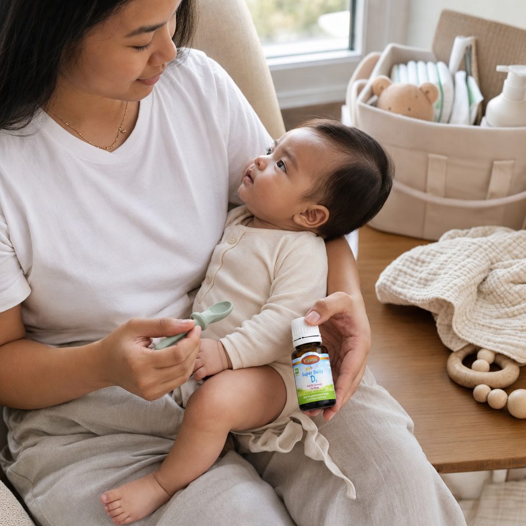 Carlson Baby's Super Daily D3 Drops 400 IU bottle shown with infant feeding essentials
