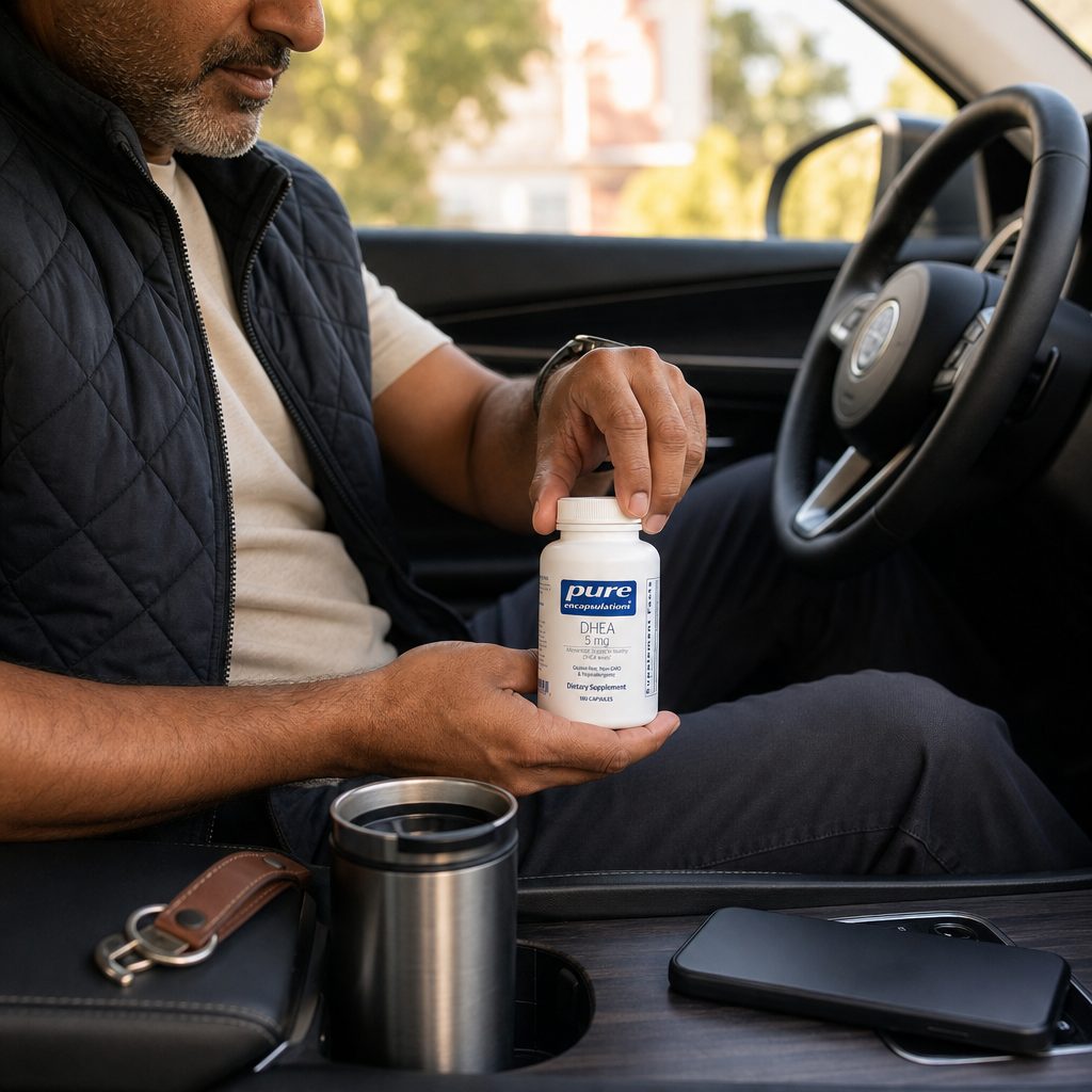 Pure Encapsulations DHEA 5 mg bottle on a kitchen table with breakfast and a notebook