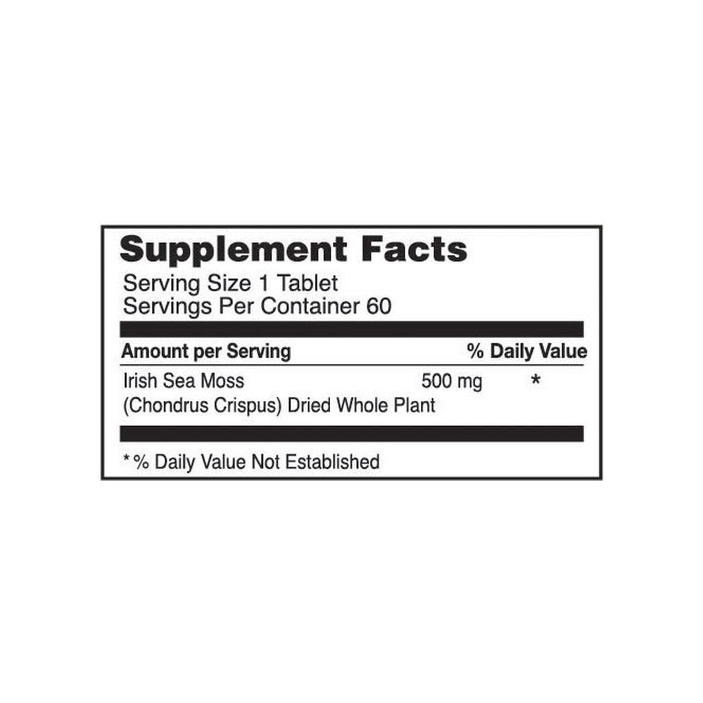 Nature's Vision Organic Irish Sea Moss supplement facts panel listing ingredients and serving size