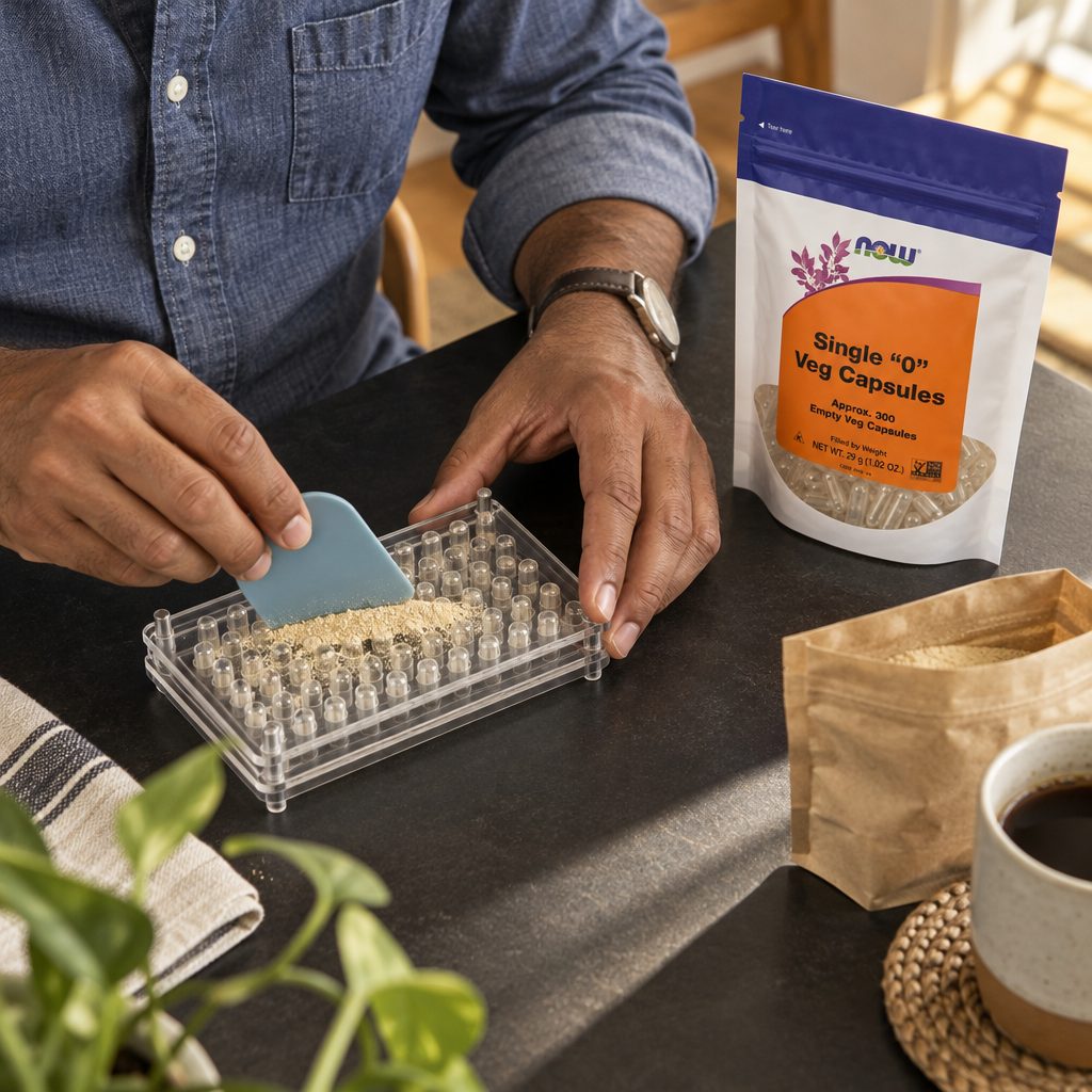 NOW Foods Single "0" Empty Veg Capsules pouch beside a man filling capsules with powder on a capsule-filling tray
