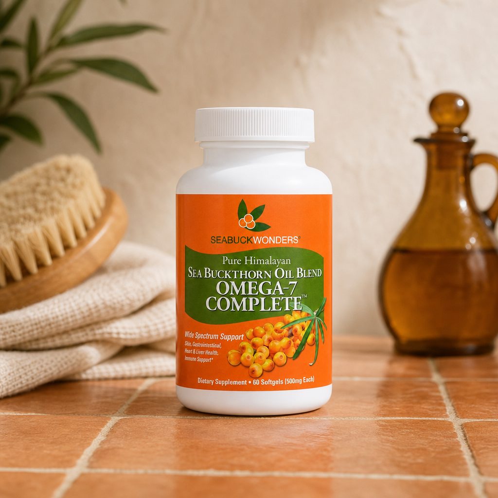 SeabuckWonders Omega-7 Complete softgels beside orange sea buckthorn berries