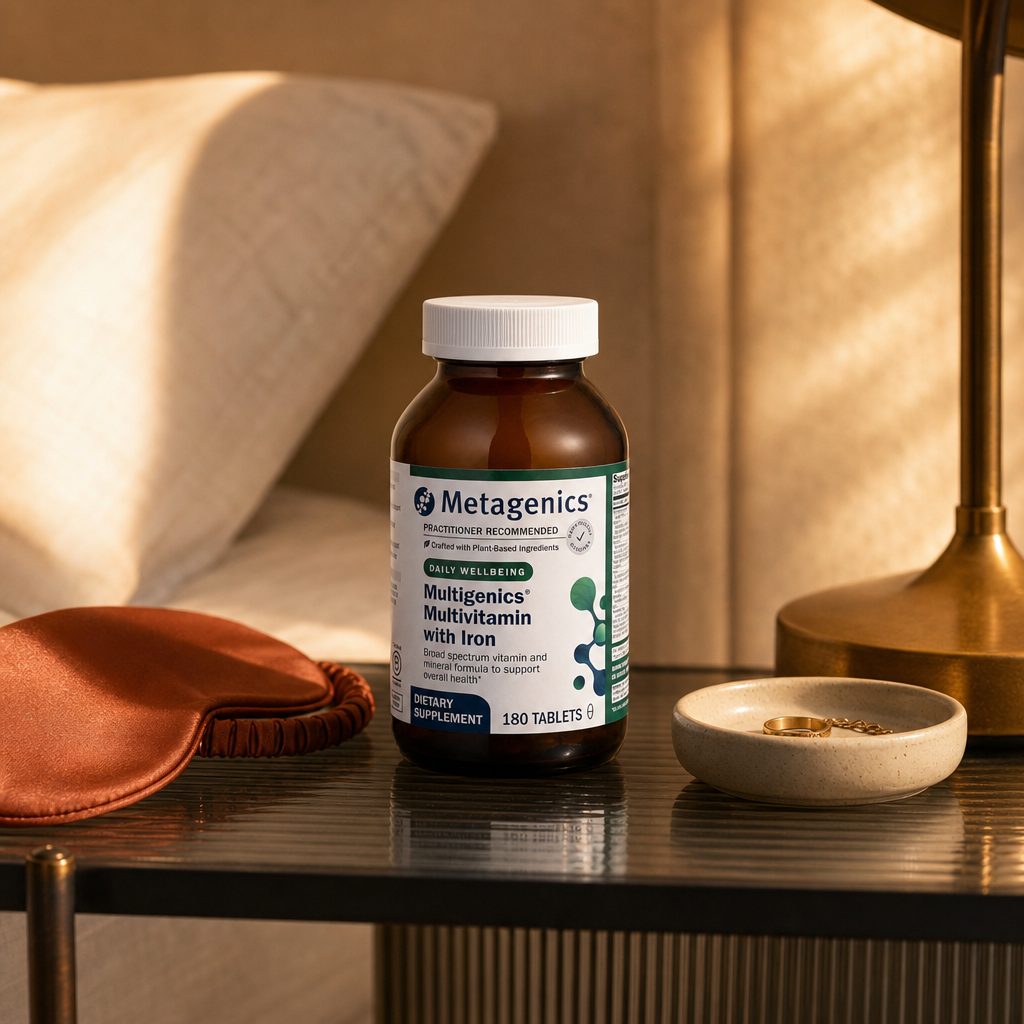 Metagenics Multigenics multivitamin bottle in a clean daily wellness setting