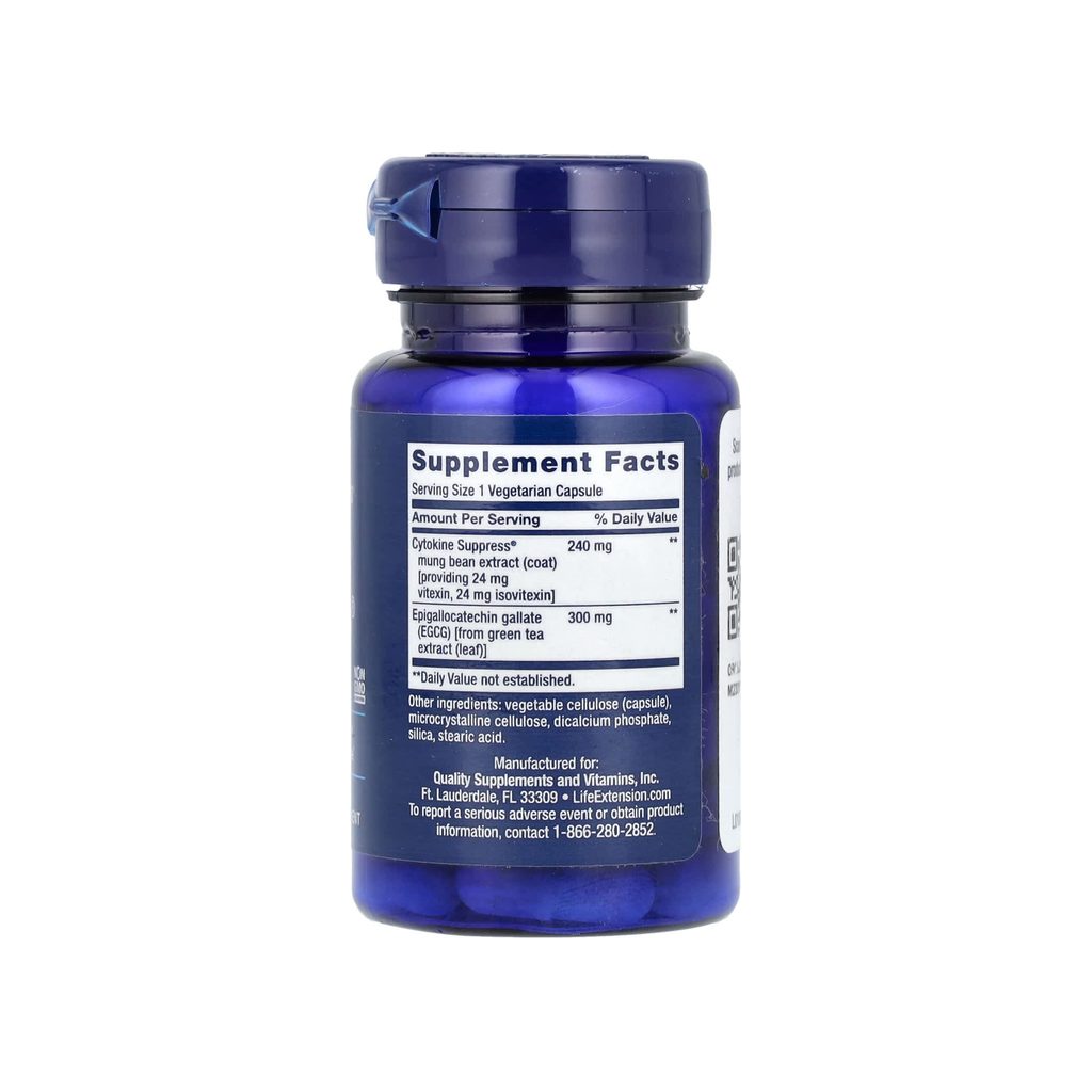 Life Extension Cytokine Suppress with EGCG supplement facts panel listing ingredients, dosage, and serving size