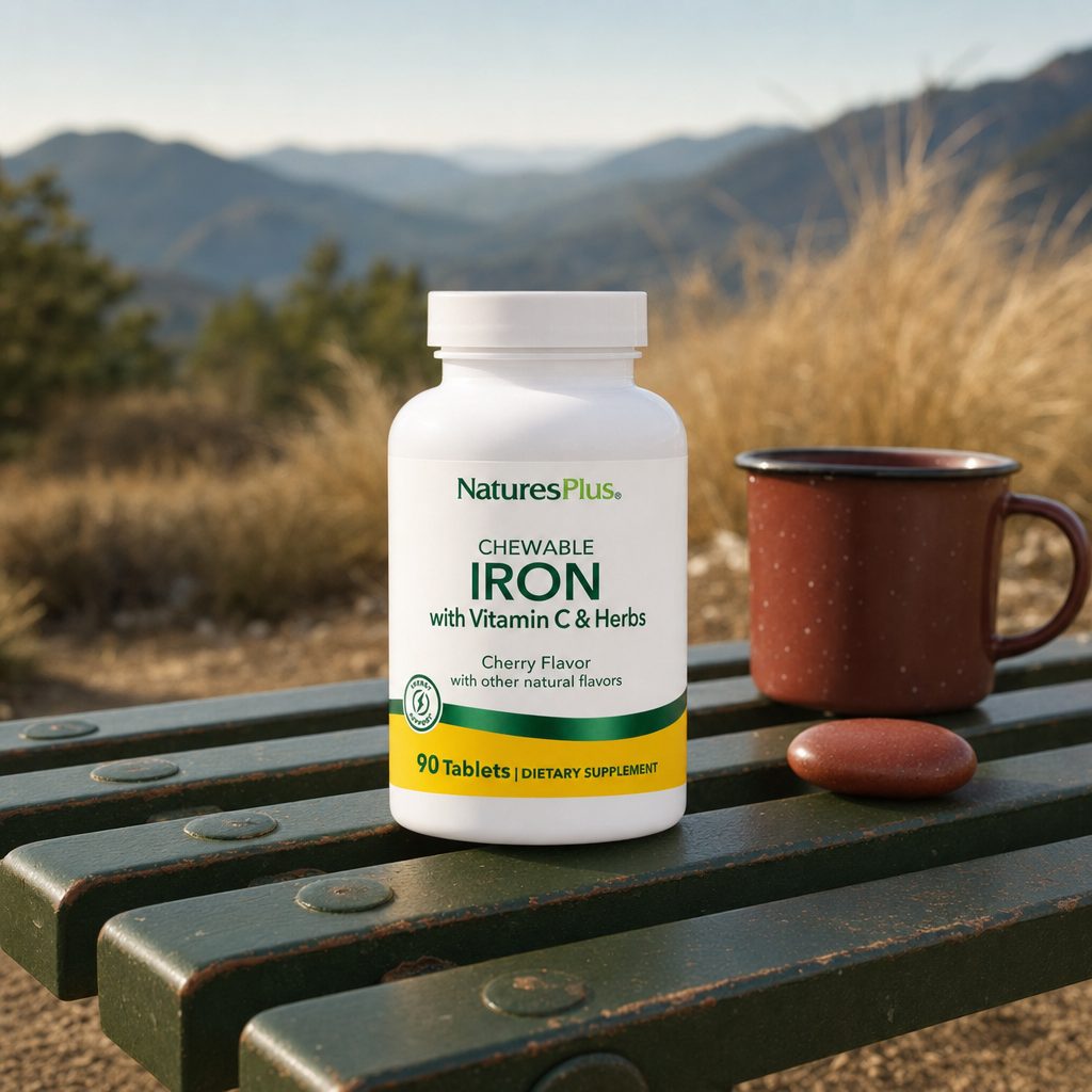 NaturesPlus Chewable Iron with Vitamin C & Herbs bottle with cherry-flavored chewable tablets
