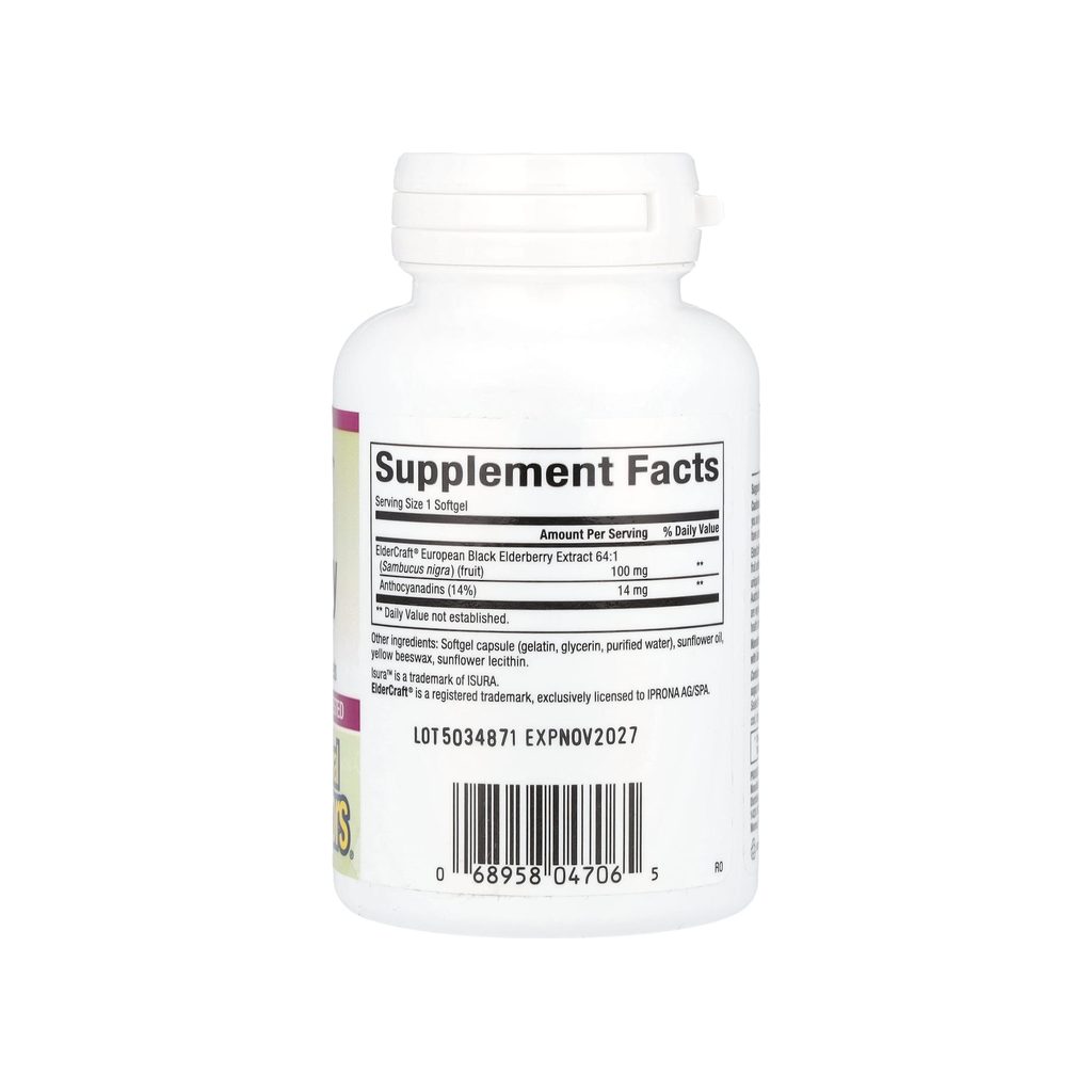 Natural Factors Black Elderberry Extract supplement facts panel listing ingredients, dosage, and serving size