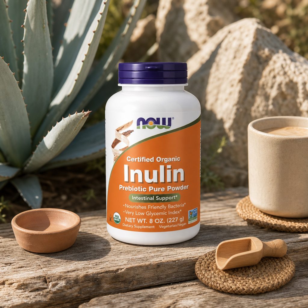 NOW Foods Inulin Prebiotic Pure Powder 8 oz side label with directions and cautions