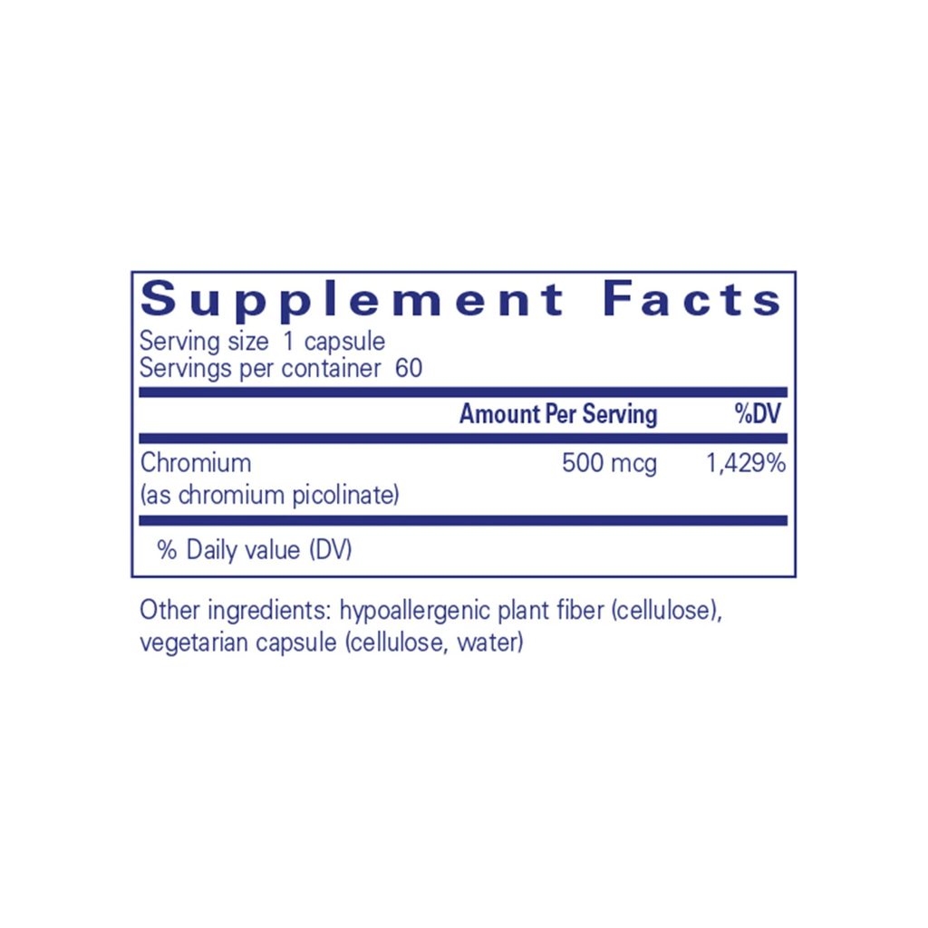Pure Encapsulations Chromium 500 mcg supplement facts panel with dosage and ingredients