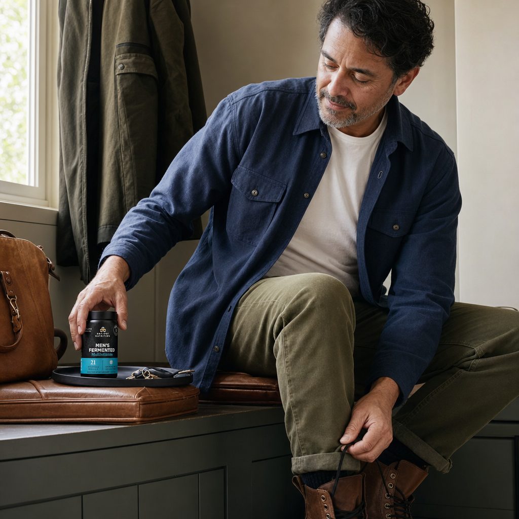 Man using Ancient Nutrition Men's Fermented Multi capsules as part of a morning routine
