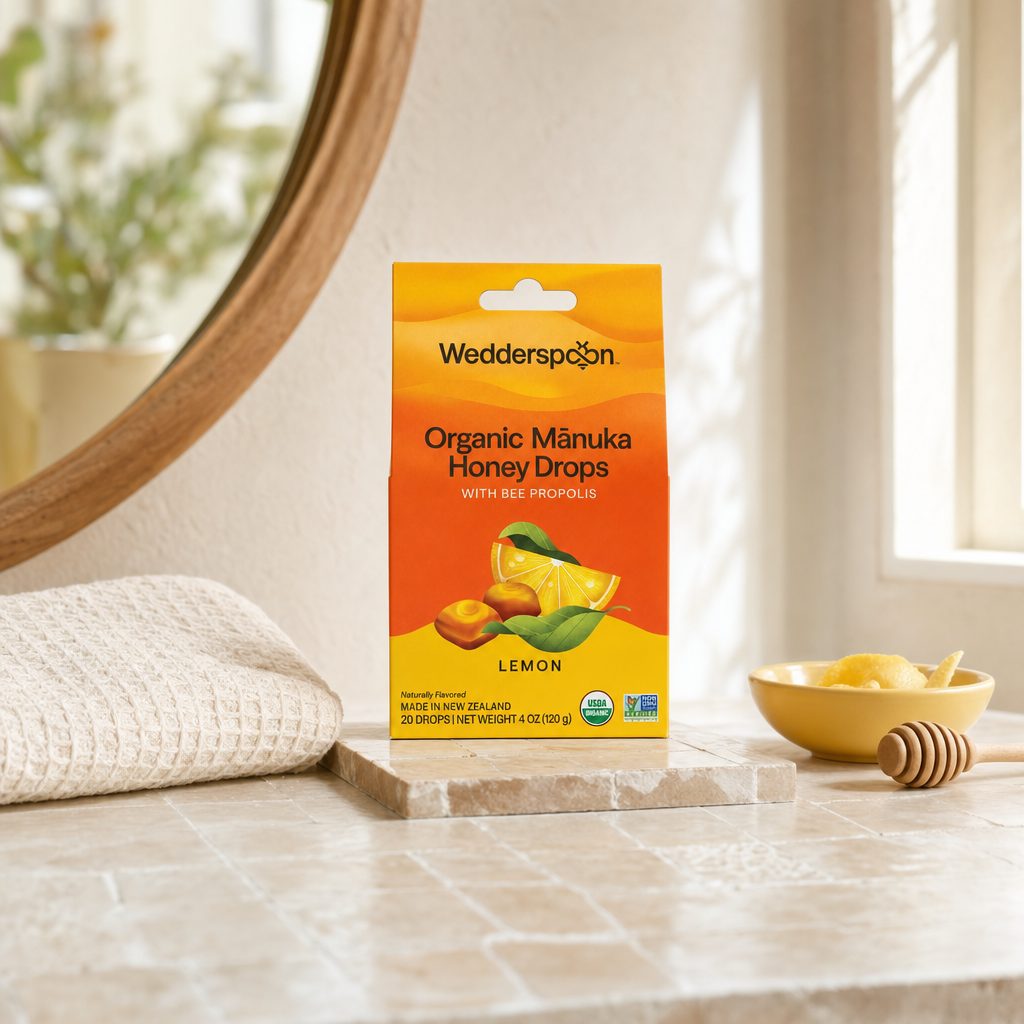 Wedderspoon Organic Mānuka Honey Drops Lemon back package with certifications and warning details