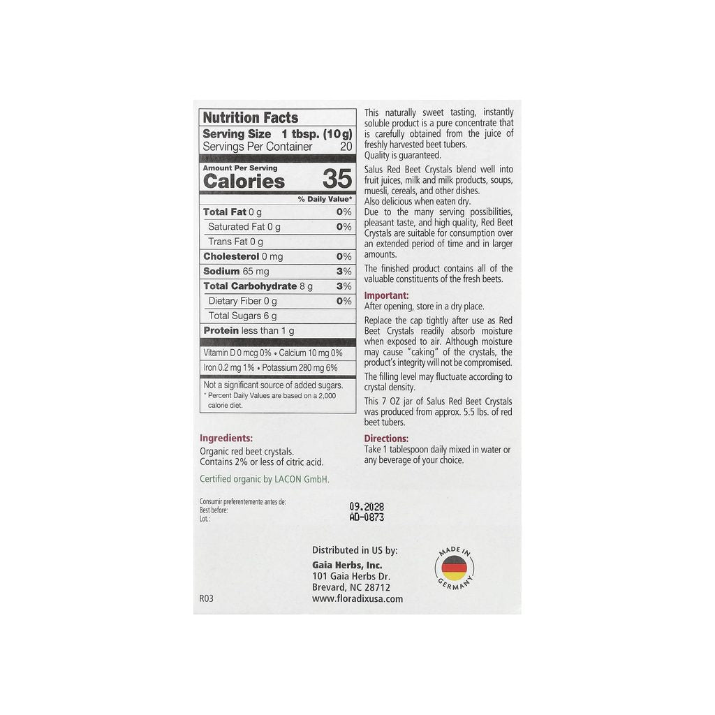 Gaia Herbs Salus Red Beet Crystals supplement facts panel listing ingredients, dosage, and serving size