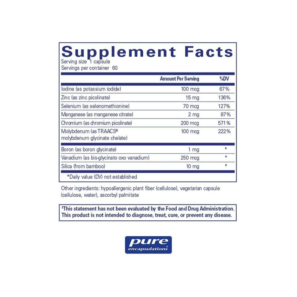 Pure Encapsulations Trace Minerals supplement facts panel listing ingredients, dosage, and serving size