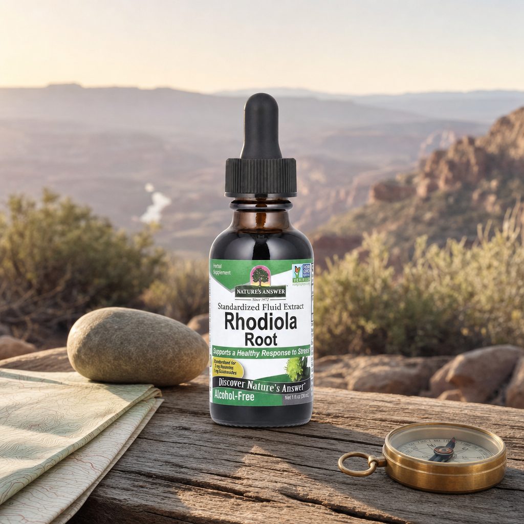 Nature's Answer Rhodiola Root Alcohol-Free bottle with alcohol-free rhodiola label details