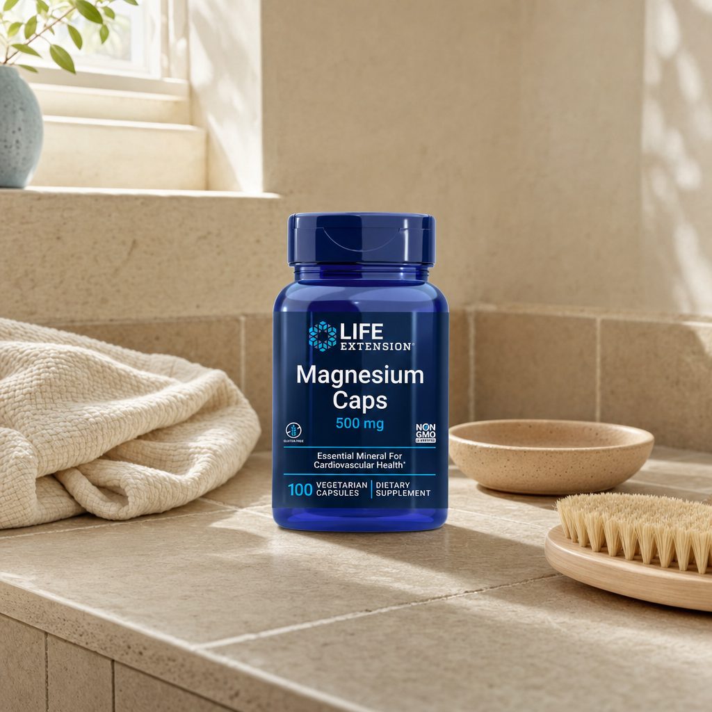 Woman holding Life Extension Magnesium Caps 500 mg bottle beside a glass of water