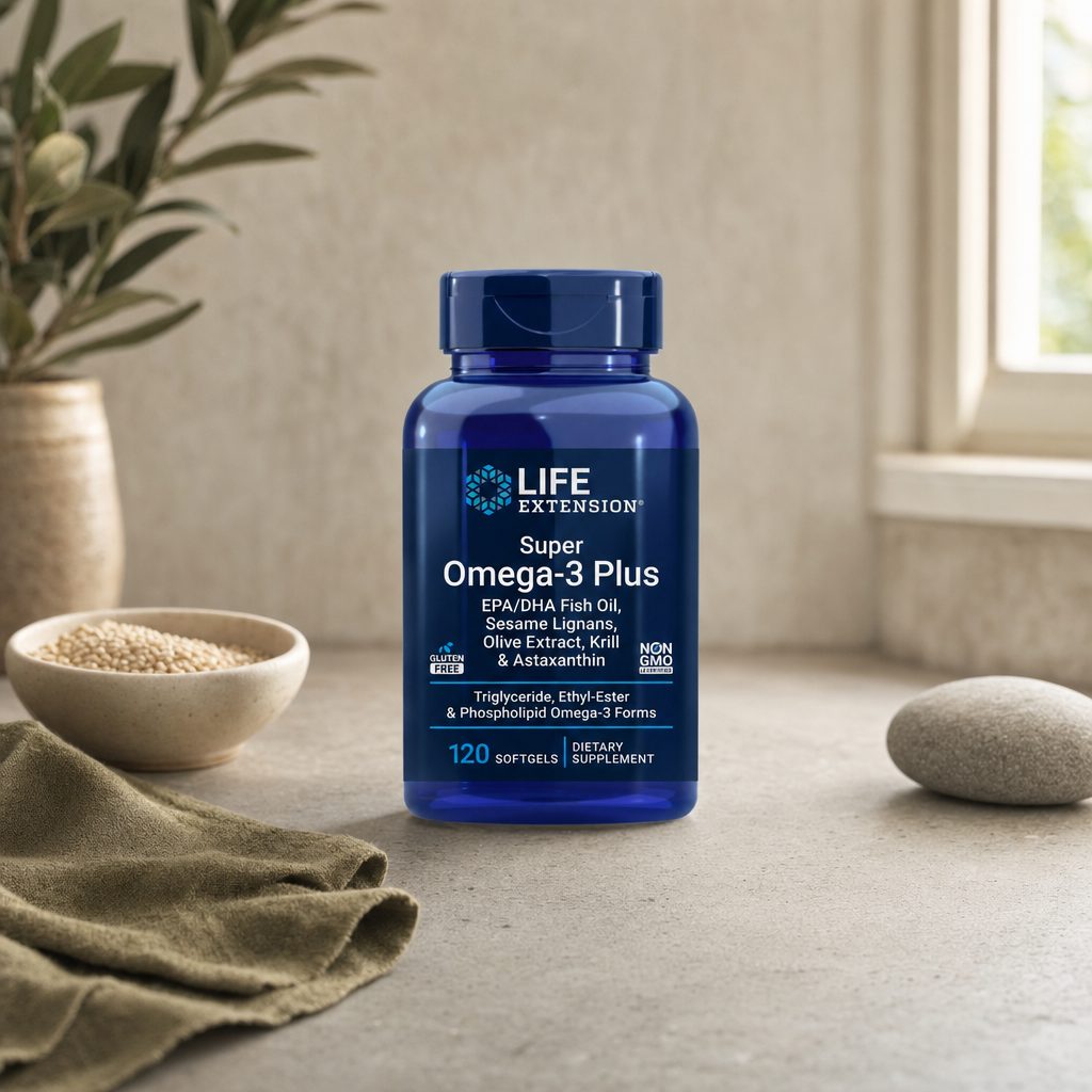 Life Extension Super Omega-3 Plus bottle with omega-3 softgels on a clean tabletop
