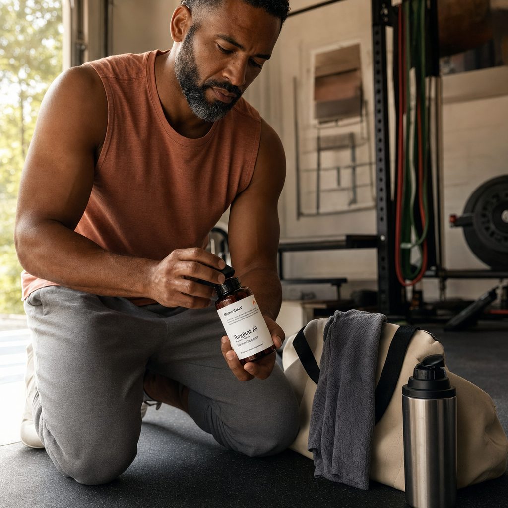 Momentous Tongkat Ali Capsules displayed with training and recovery lifestyle items