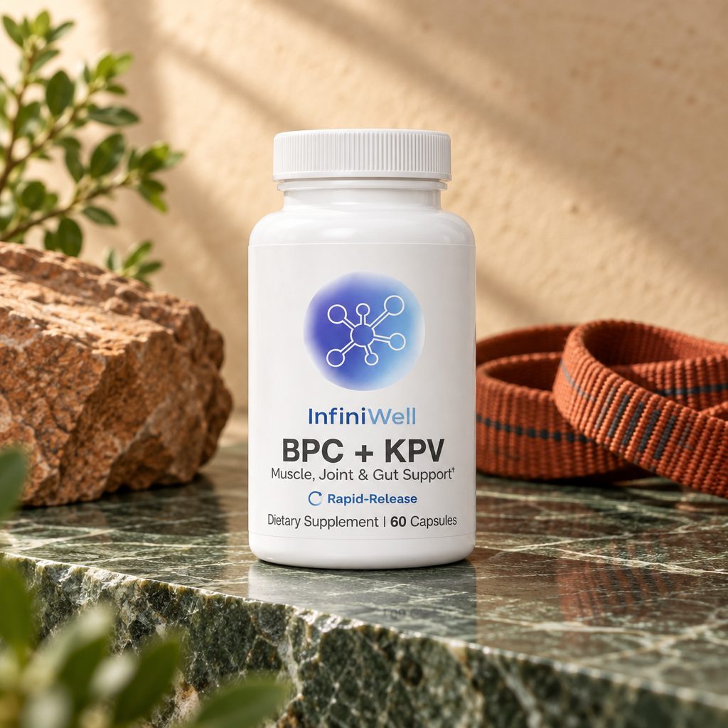 InfiniWell BPC + KPV Rapid-Release bottle on a green marble ledge beside a rock and a rope