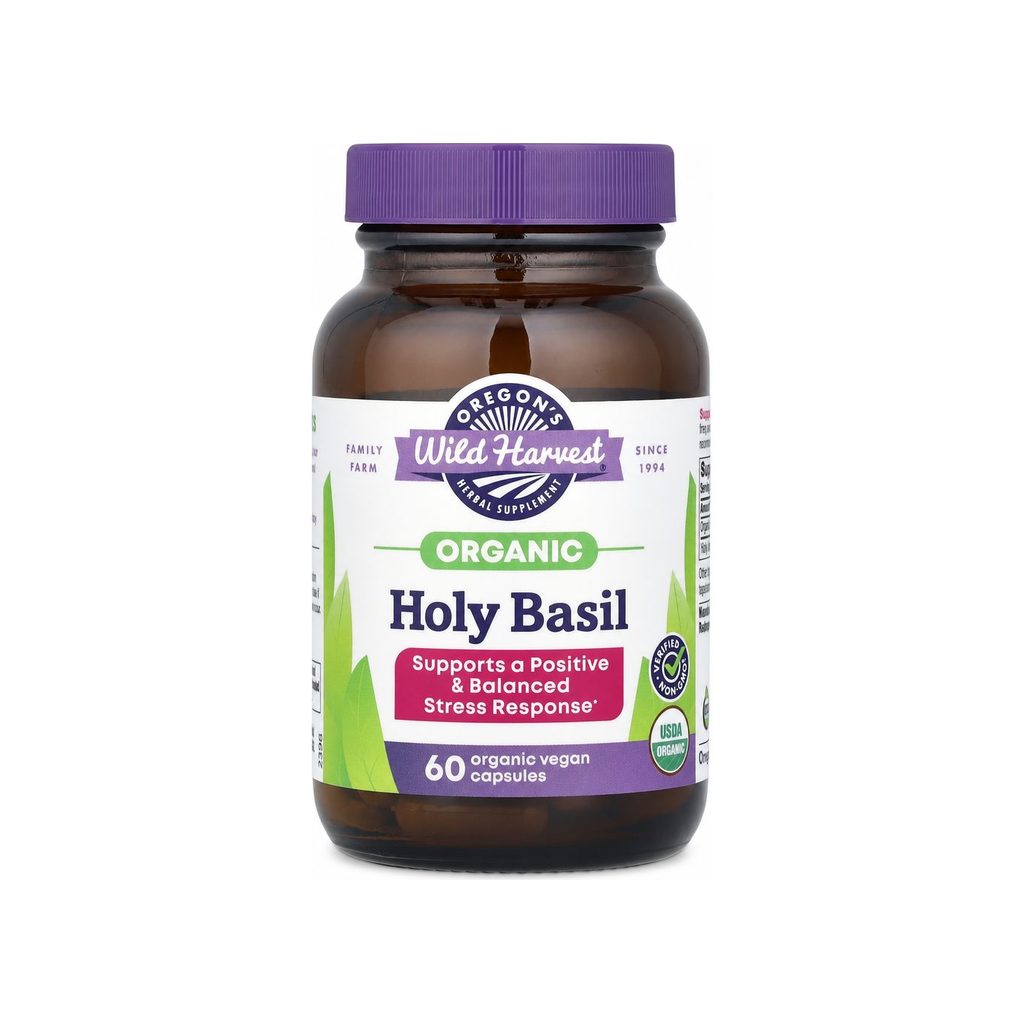 Oregon's Wild Harvest Holy Basil 60 capsules front bottle with organic vegan capsule label