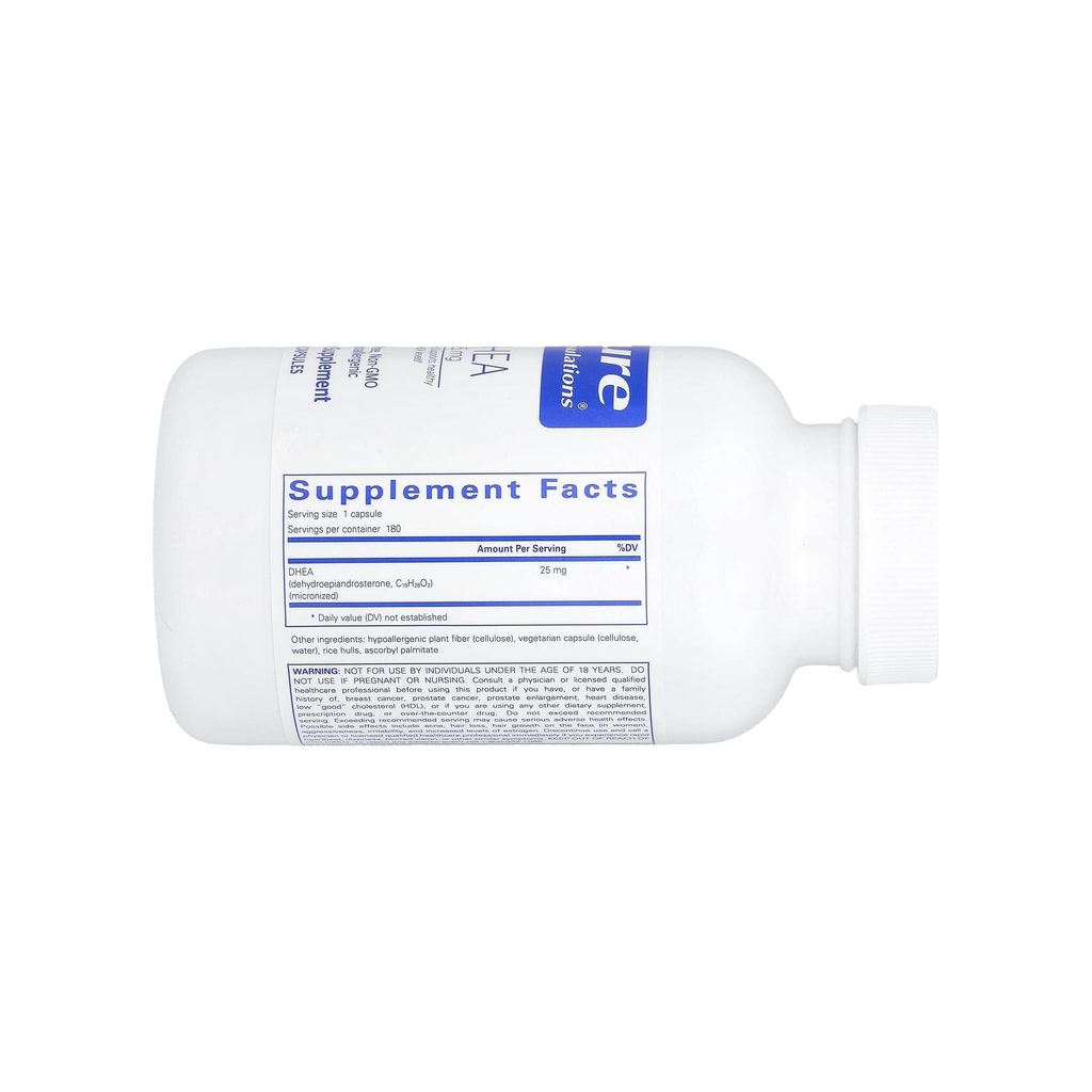 Pure Encapsulations DHEA 25 mg supplement facts panel listing ingredients and serving size