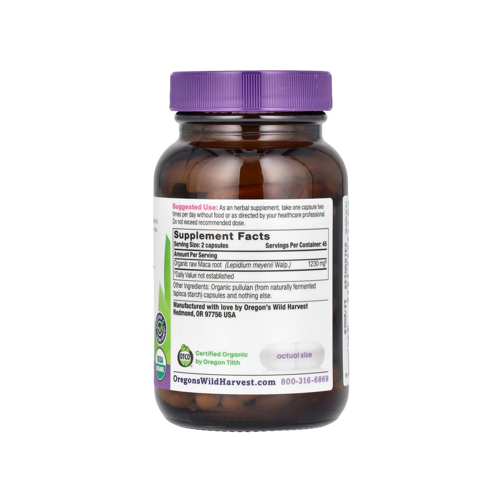 Oregon's Wild Harvest Maca Capsules supplement facts panel listing ingredients, dosage, and serving size
