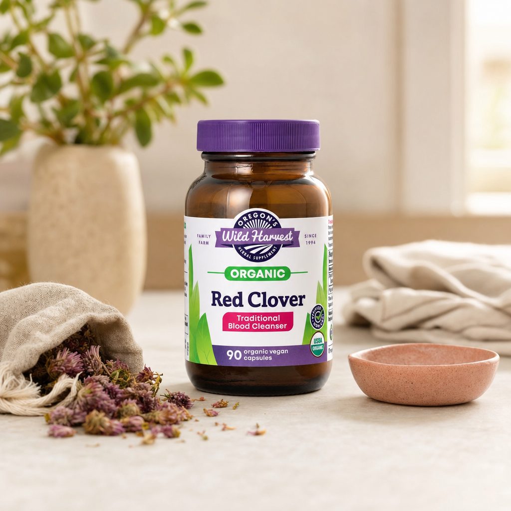 Oregon's Wild Harvest Red Clover 90 capsules side label with suggested use and cautions