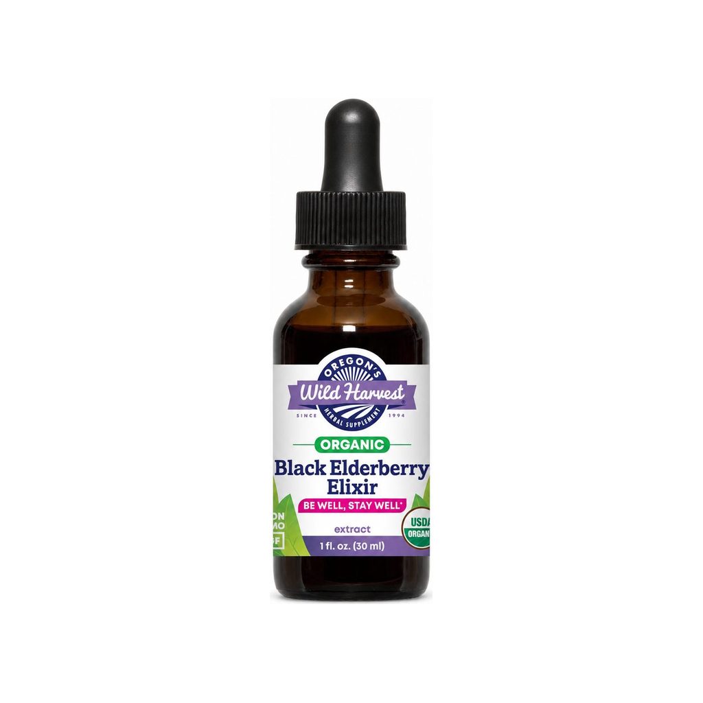 Oregon's Wild Harvest Black Elderberry Elixir 1 oz front bottle label