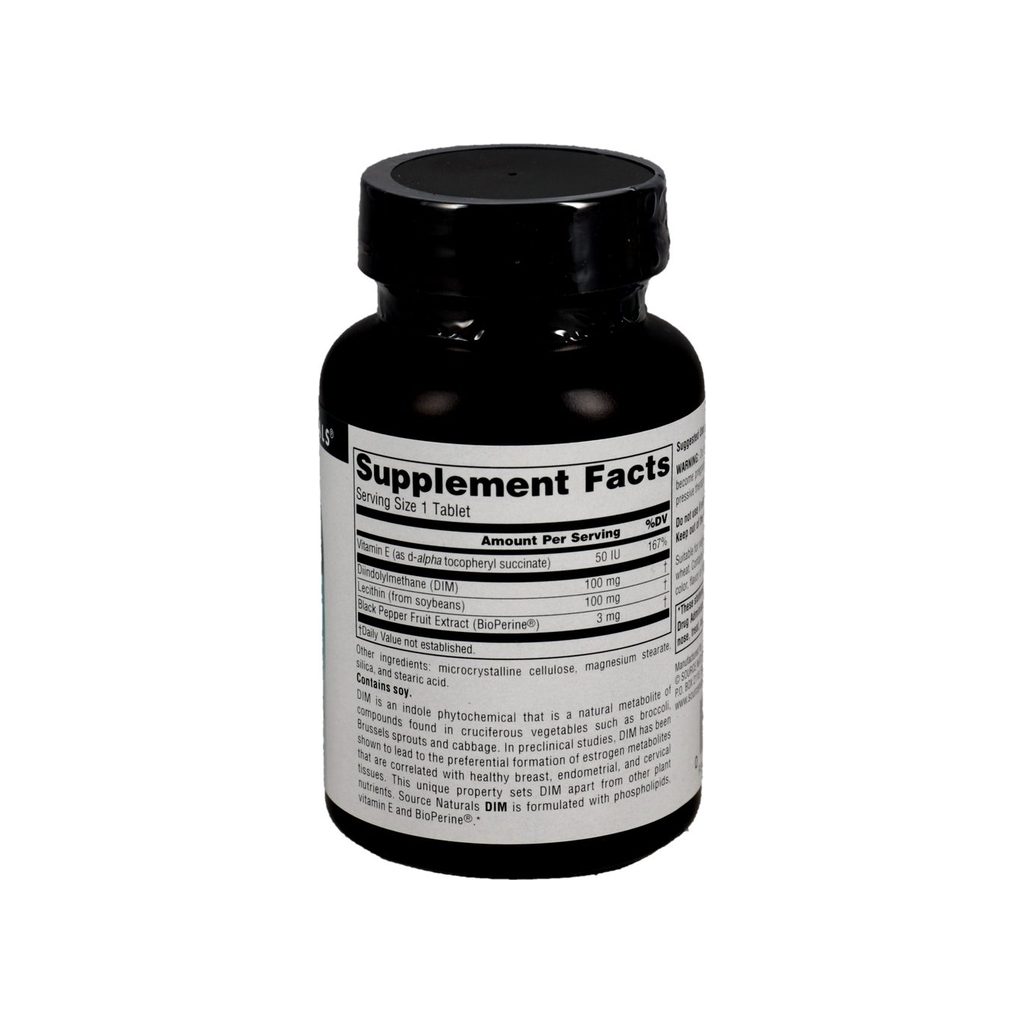 Source Naturals DIM 100mg supplement facts panel listing ingredients, dosage, and serving size