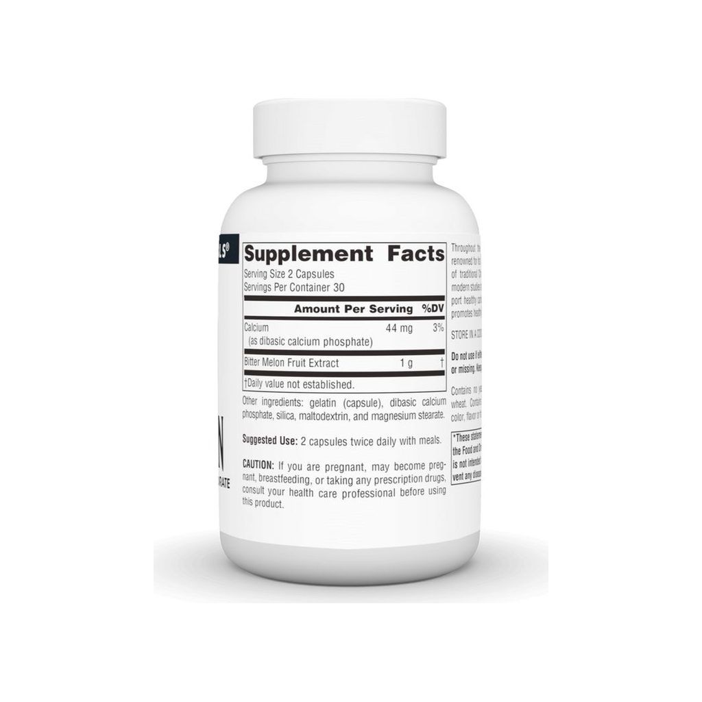 Source Naturals Bitter Melon 500mg supplement facts panel listing ingredients, dosage, and serving size