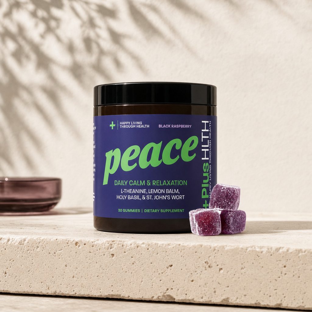+PlusHLTH Peace Gummies black raspberry gummy product graphic with berry accents