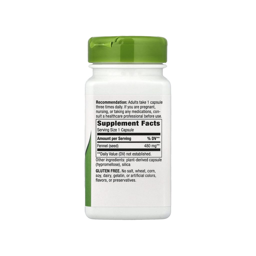 Nature's Way Fennel Seed supplement facts panel listing ingredients, dosage, and serving size