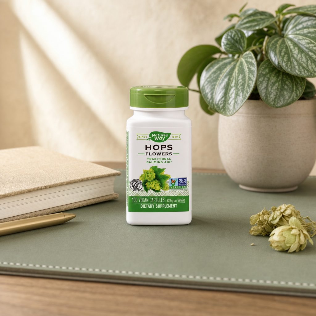Nature's Way Hops Flowers 100 capsules bottle showing herbal supplement label details