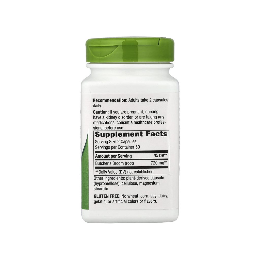 Nature's Way Butcher's Broom Root supplement facts panel listing ingredients and serving size