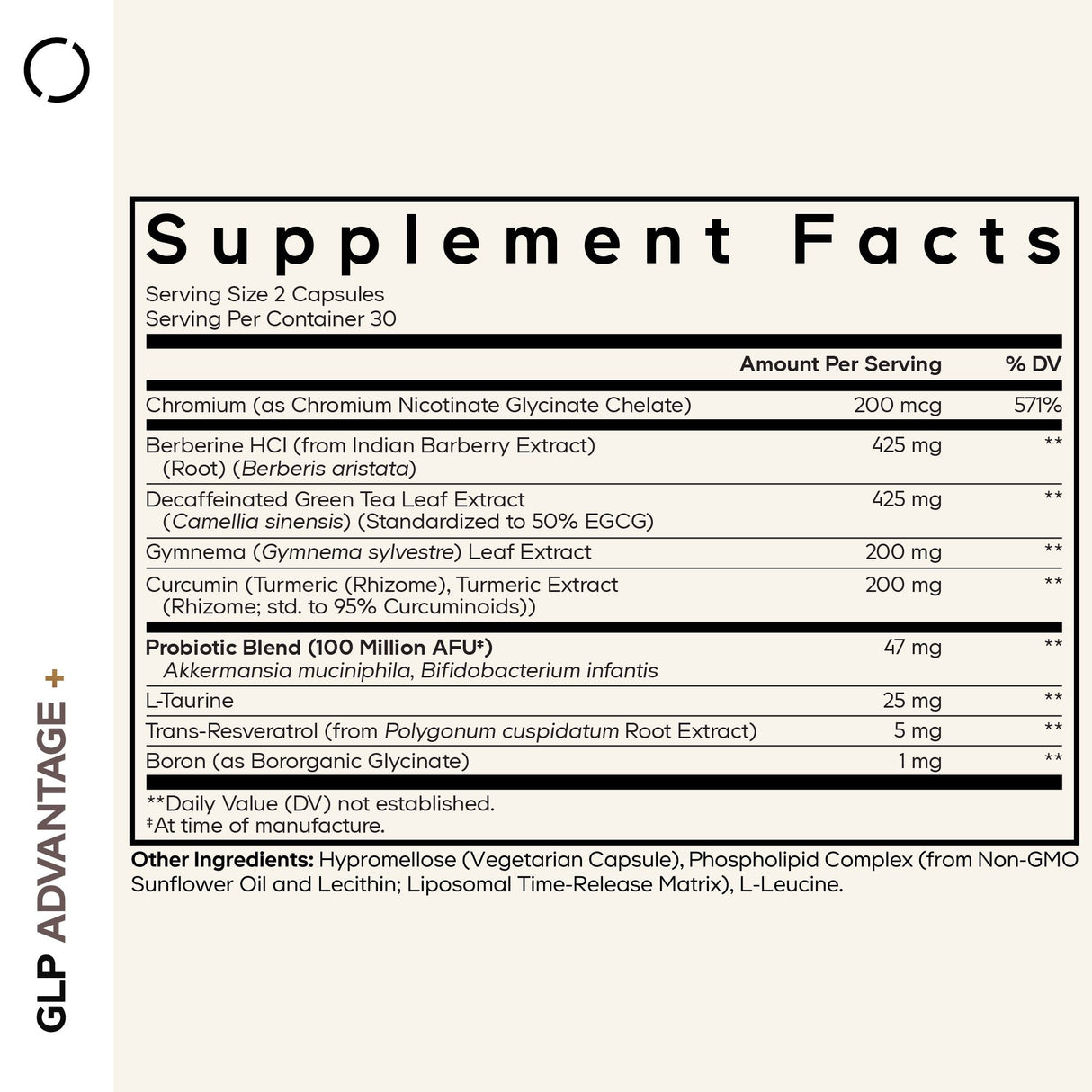 Codeage GLP-Advantage+ Capsules supplement facts panel listing ingredients, dosage, and serving size