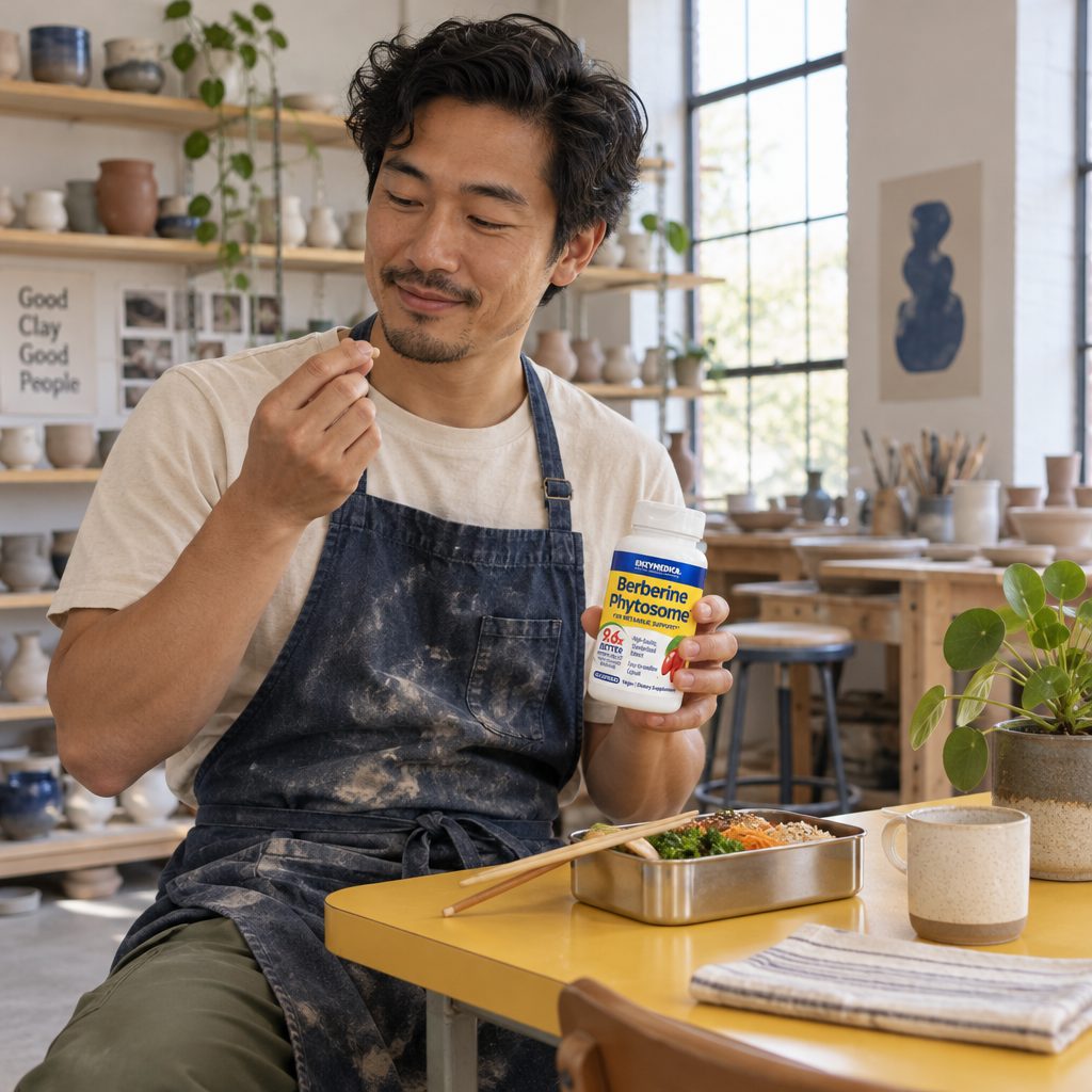 Enzymedica Berberine Phytosome bottle held by a man in an apron in a pottery studio beside a lunch tin