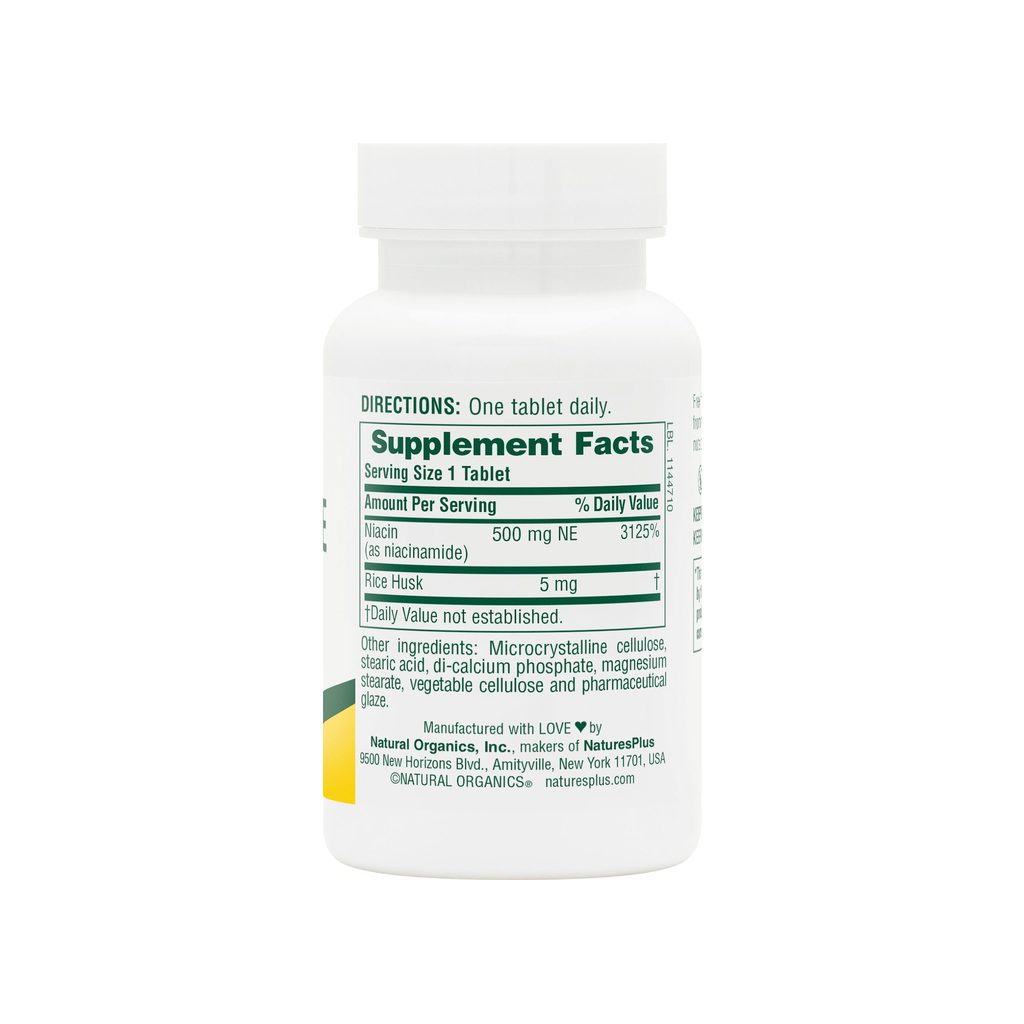 NaturesPlus Niacinamide 500 mg supplement facts panel listing ingredients, dosage, and serving size