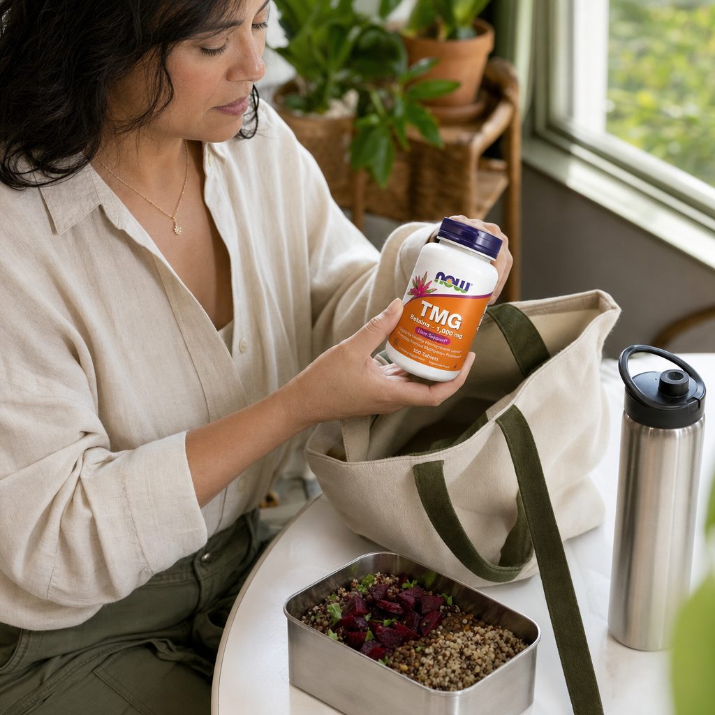 NOW Foods TMG Betaine 1000 mg tablets shown beside supplement bottle